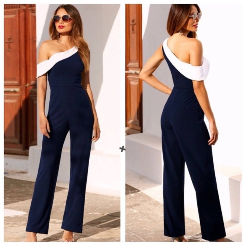 Alexia Admor Ember One Shoulder Navy White Jumpsuit Size 4
